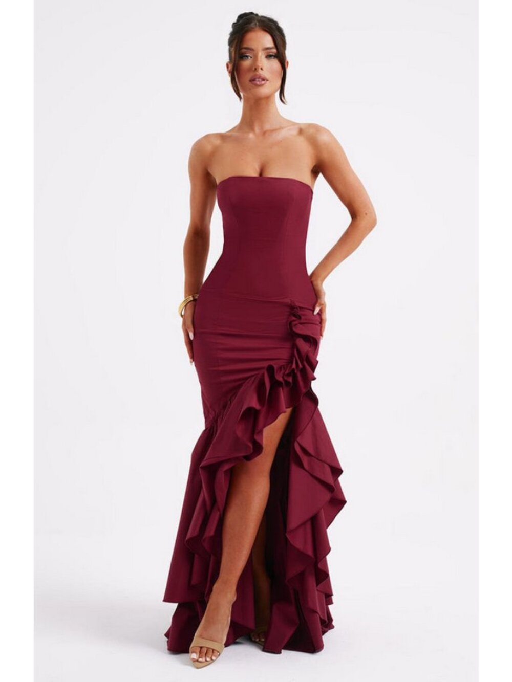 Babyboo Sz. S Burgundy Angelina Strapless Frilled Maxi Dress